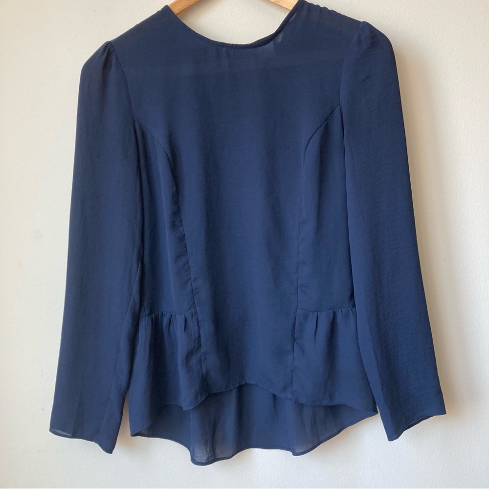 H&M Navy Blue Peplum Top Women's Sz 4 Chiffon Long Sleeve Peasant Blouse Boho
